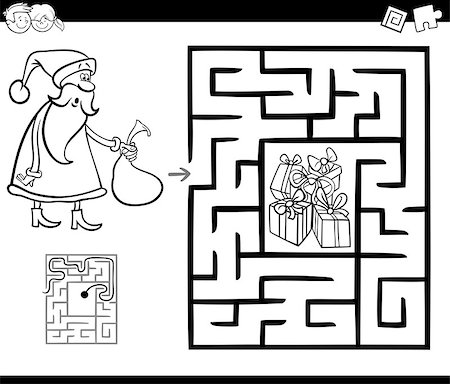 Black and White Cartoon Illustration of Education Maze or Labyrinth Game for Children with Christmas Santa Claus Coloring Page Foto de stock - Super Valor sin royalties y Suscripción, Código: 400-09001647