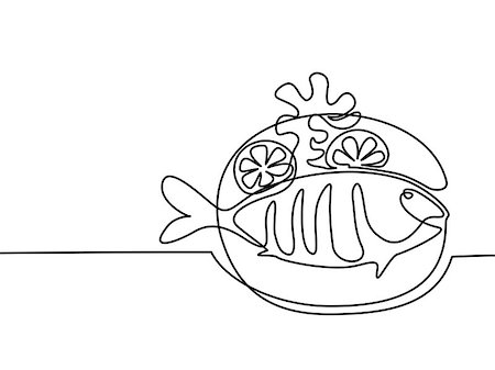 dorado - Continuous line drawing. Grilled fish on plate with lemon and potato. Vector illustration black line on white background. Stock Photo - Budget Royalty-Free & Subscription, Code: 400-09001672