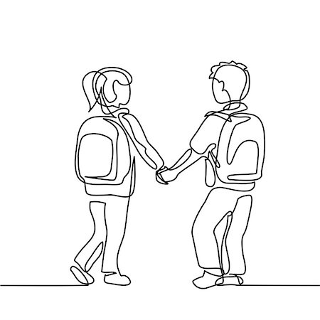 Boy and girl going back to school with bags. Continuous line drawing. Vector illustration on white background Stock Photo - Budget Royalty-Free & Subscription, Code: 400-09001686