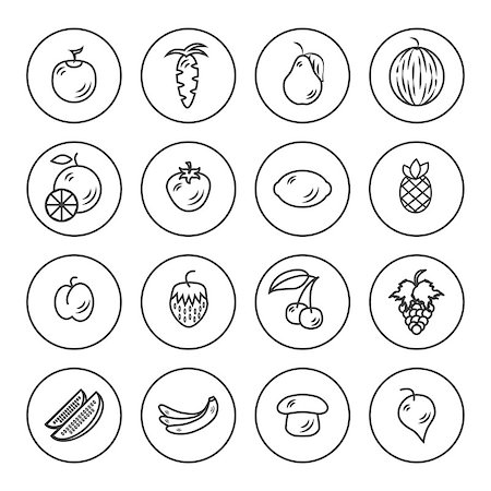 Fruits and vegetables outline icon set on white background Stock Photo - Budget Royalty-Free & Subscription, Code: 400-09001730