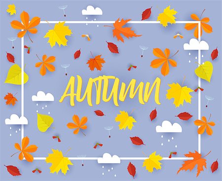 Autumn. Fall banner background template with beautiful colorful autumn leaves and rain clouds.Cut out paper vector illustration. Foto de stock - Royalty-Free Super Valor e Assinatura, Número: 400-09001768