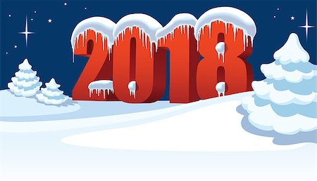 New Year 2018 with snow, icicles and ice and Christmas tree on winter white background Stock Photo - Budget Royalty-Free & Subscription, Code: 400-09001774