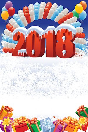 simsearch:400-07795877,k - New Year 2018 decoration on white winter background with balloons and gifts. Stock Photo - Budget Royalty-Free & Subscription, Code: 400-09001828