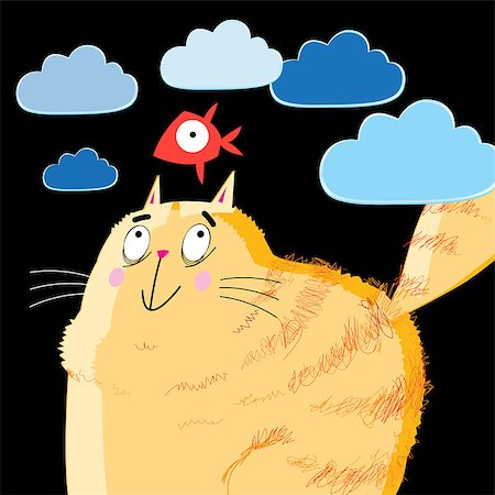 Vector portrait of a orange fat cat and fish on a black background with clouds Stock Photo - Budget Royalty-Free & Subscription, Code: 400-09001852