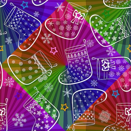 Seamless Background with Decorated Pictogram Christmas Stockings for Gifts and Snowflakes on Colorful Rainbow Tile Pattern. Eps10, Contains Transparencies. Vector Stock Photo - Budget Royalty-Free & Subscription, Code: 400-09001886