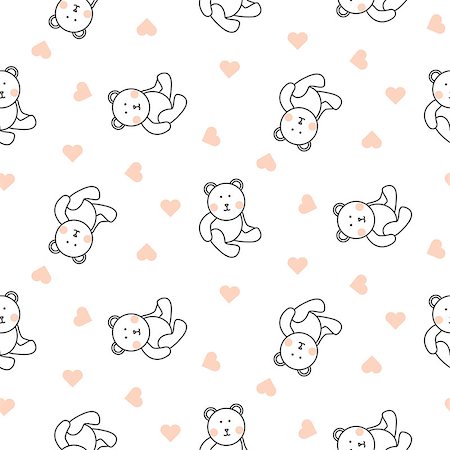Teddy bear plush seamless vector pattern. Cute kid pajamas white texture with toy bear and heart shapes. Stock Photo - Budget Royalty-Free & Subscription, Code: 400-09001910