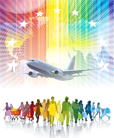 simsearch:400-07924838,k - Colorful crowd of shopping people, flying airplane and a world map in the background. Foto de stock - Super Valor sin royalties y Suscripción, Código: 400-09001987