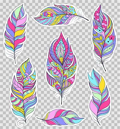 Set of colorful feathers on transparent background. Stickers for scrapbooking,gift boxes,skins,cases,wallets etc. Vector illustration. Stock Photo - Budget Royalty-Free & Subscription, Code: 400-09002031