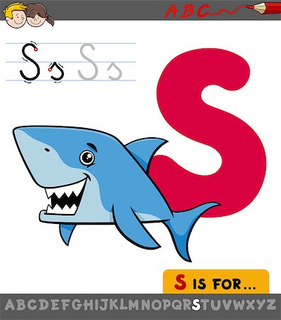 simsearch:400-08917519,k - Educational Cartoon Illustration of Letter S from Alphabet with Shark Fish Animal Character for Children Stock Photo - Budget Royalty-Free & Subscription, Code: 400-09002055