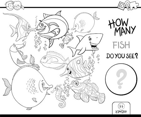 simsearch:400-08916743,k - Black and White Cartoon Illustration of Educational Counting Activity Game for Children with Fish Sea Life Animal Characters Coloring Page Stock Photo - Budget Royalty-Free & Subscription, Code: 400-09002065