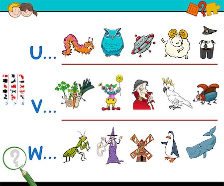 simsearch:400-08817935,k - Cartoon Illustration of Searching Pictures Starting with Referred Letter Educational Game for Children Stockbilder - Microstock & Abonnement, Bildnummer: 400-09002089