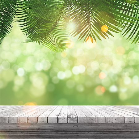 simsearch:400-09068018,k - 3D render of a white wooden table looking out to a defocussed background with palm tree leaves Stock Photo - Budget Royalty-Free & Subscription, Code: 400-09002169
