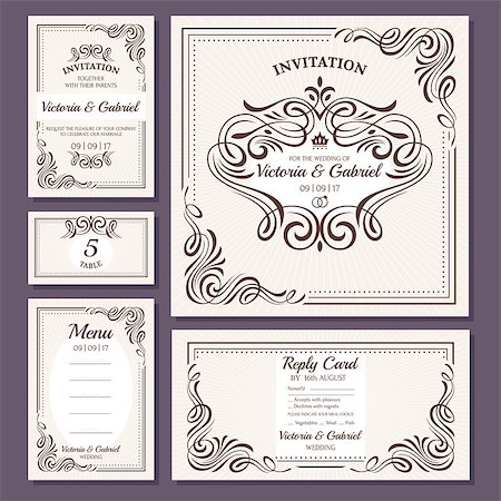 simsearch:400-07923343,k - Calligraphic vintage floral wedding cards collection. Vector illustration Foto de stock - Super Valor sin royalties y Suscripción, Código: 400-09002186