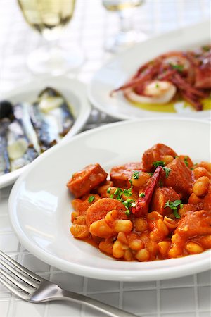 stew sausage - Braised with chorizo and white kidney beans, spanish tapas food Stock Photo - Budget Royalty-Free & Subscription, Code: 400-09019683