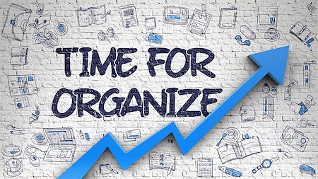 simsearch:400-08288360,k - Time For Organize Drawn on White Wall. Illustration with Doodle Design Icons. White Wall with Time For Organize Inscription and Blue Arrow. Business Concept. Foto de stock - Super Valor sin royalties y Suscripción, Código: 400-09010206