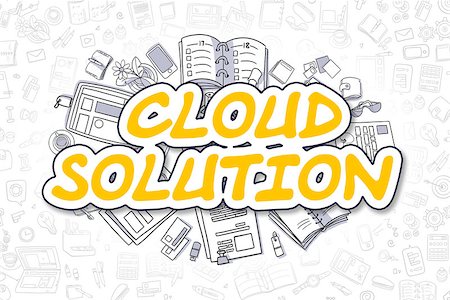 simsearch:400-07308201,k - Cloud Solution Doodle Illustration of Yellow Word and Stationery Surrounded by Doodle Icons. Business Concept for Web Banners and Printed Materials. Foto de stock - Royalty-Free Super Valor e Assinatura, Número: 400-09010644