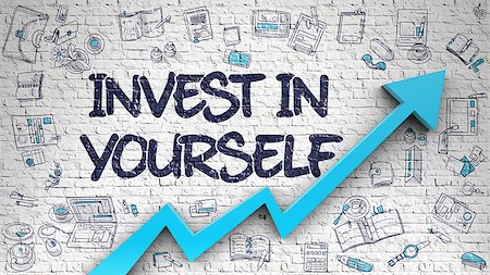 Invest In Yourself - Development Concept with Doodle Design Icons Around on the White Brick Wall Background. Brick Wall with Invest In Yourself Inscription and Blue Arrow. Improvement Concept. 3D. Photographie de stock - Aubaine LD & Abonnement, Code: 400-09010645