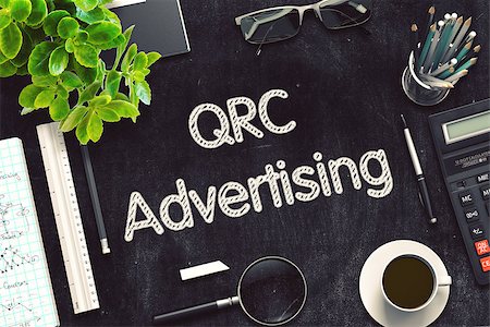 QRC Advertising. Business Concept Handwritten on Black Chalkboard. Top View Composition with Chalkboard and Office Supplies. 3d Rendering. Toned Image. Stock Photo - Budget Royalty-Free & Subscription, Code: 400-09010712