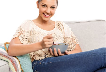 porridge and berries - Beautiful happy woman at home eating a healthy bowl Stock Photo - Budget Royalty-Free & Subscription, Code: 400-09010863