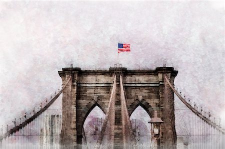 simsearch:845-02729530,k - Brooklyn Bridge in New York American flag - star and stripes floating Artistic photo processing Photographie de stock - Aubaine LD & Abonnement, Code: 400-09011144