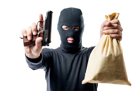 simsearch:400-08551381,k - criminal with a bag of money was arrested, a robber understands his hands up Fotografie stock - Microstock e Abbonamento, Codice: 400-09011191