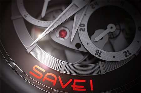 simsearch:400-04816321,k - Automatic Men Wrist Watch with Save Inscription on Face. Save on Face of the Mechanical Watch Closeup in Black and White. Toned Image. Work Concept with Glow Effect and Lens Flare. 3D Rendering. Stock Photo - Budget Royalty-Free & Subscription, Code: 400-09011370