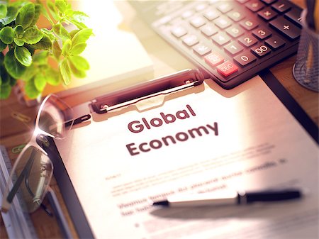 simsearch:400-09011393,k - Desk with Office Supplies Around the Clipboard with Paper and Business Concept - Global Economy. 3d Rendering. Toned and Blurred Illustration. Photographie de stock - Aubaine LD & Abonnement, Code: 400-09011393