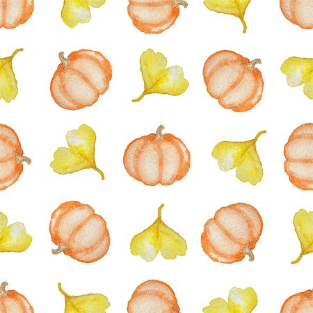 pumpkin leaf pattern - Watercolor seamless pattern with orange ripe pumpkin and yellow leaves on a white background Photographie de stock - Aubaine LD & Abonnement, Code: 400-09011447