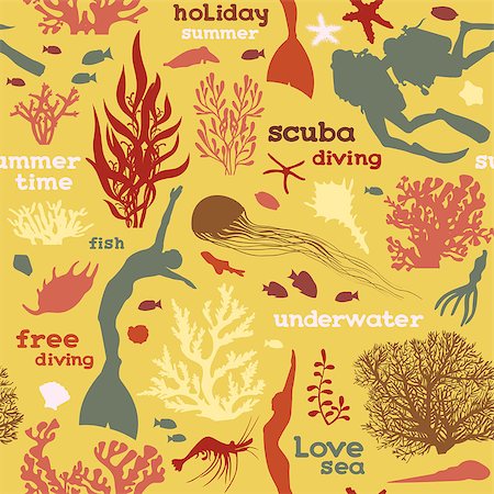 Seamless pattern with silhouette of free divers, divers, corals and underwater creatures. Vector sea wallpaper. Stock Photo - Budget Royalty-Free & Subscription, Code: 400-09028502
