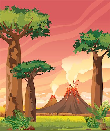 prehistoric cartoon trees - Prehistoric landscape with two smoky volcanoes and green baobabs on a pink sunset sky. Summer vector illustration. Stock Photo - Budget Royalty-Free & Subscription, Code: 400-09028510