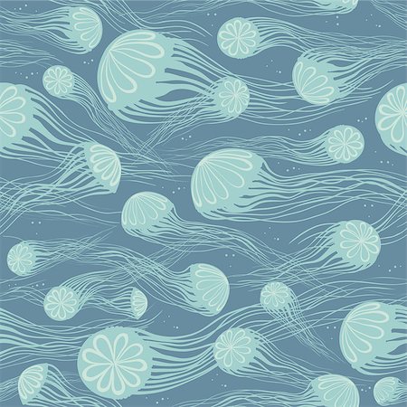 simsearch:400-09029281,k - Seamless pattern with silhouette of jellyfish on a blue background. Underwater vector wallpaper. Stockbilder - Microstock & Abonnement, Bildnummer: 400-09028526