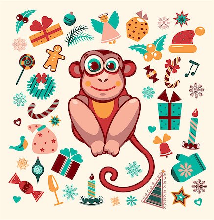 simsearch:400-07245107,k - Collection of new year elements and funny cartoon monkey. Photographie de stock - Aubaine LD & Abonnement, Code: 400-09028528