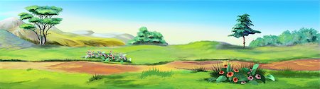 forest path panorama - Rural Landscape with a Path against the Blue Sky in a Summertime. Digital Painting Background, Illustration in cartoon style character. Stock Photo - Budget Royalty-Free & Subscription, Code: 400-09029075