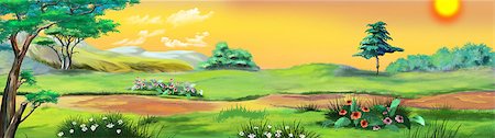 forest path panorama - Rural Landscape with a Path against the Yellow Sky in a Summertime. Digital Painting Background, Illustration in cartoon style character. Stock Photo - Budget Royalty-Free & Subscription, Code: 400-09029076