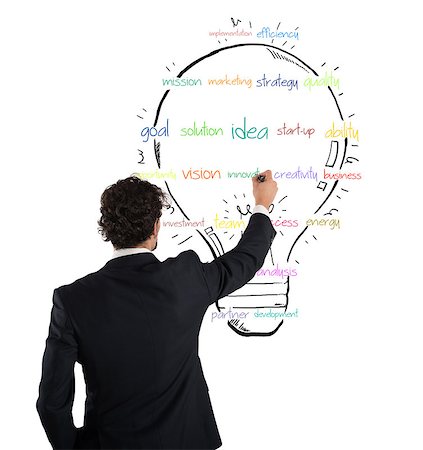 draw light bulb - Businessman draws on the wall a big colored bulb with bright colors and business sketches Stock Photo - Budget Royalty-Free & Subscription, Code: 400-09029106
