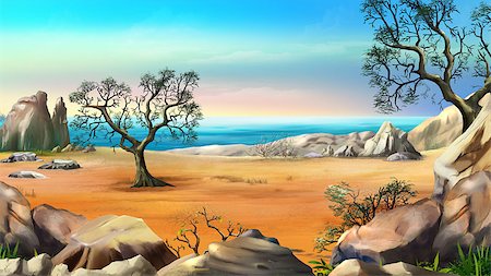 seascape drawing - Rocky Shore with Lonely Tree Against Blue Sky in a Summer Day. Digital Painting Background, Illustration in cartoon style character. Stock Photo - Budget Royalty-Free & Subscription, Code: 400-09029236