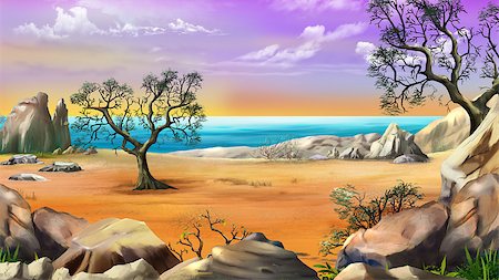 seascape drawing - Rocky Shore with Lonely Tree against the Dawn sky in a Summer morning. Digital Painting Background, Illustration in cartoon style character. Stock Photo - Budget Royalty-Free & Subscription, Code: 400-09029238