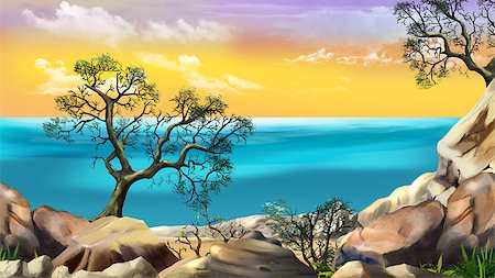 seascape drawing - Sea View from the Cliff at Dawn against the Yellow Sky. Digital Painting Background, Illustration in cartoon style character. Stock Photo - Budget Royalty-Free & Subscription, Code: 400-09029239
