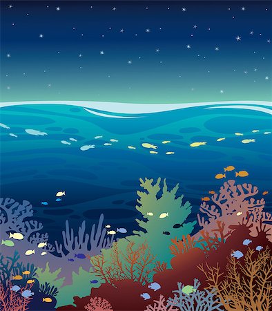 simsearch:400-07171373,k - Underwater coral reef seabed with school of fish and water surface with night starry sky. Seascape vector illustration. Photographie de stock - Aubaine LD & Abonnement, Code: 400-09029268