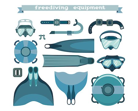 simsearch:400-08625557,k - Freediving equipment collection on a white background. Mask and snorkel, fin and monofin, buoy and weight. Vector illustration of underwater sport. Foto de stock - Super Valor sin royalties y Suscripción, Código: 400-09029269