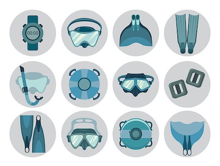 simsearch:400-08625557,k - Set of freediving equipment icons on a white background. Vector illustration of underwater sport. Mask and snorkel, fin and monofin, buoy and weight. Foto de stock - Super Valor sin royalties y Suscripción, Código: 400-09029270