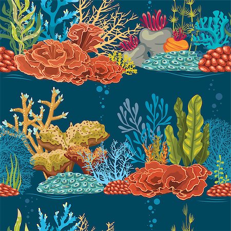 Vector wallpaper with colorful coral reef on a blue background. Underwater seamless pattern. Stock Photo - Budget Royalty-Free & Subscription, Code: 400-09029288