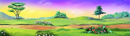 forest path panorama - Rural landscape with path and flowers against purple sky in a Summer day. Digital Painting Background, Illustration in cartoon style character. Stock Photo - Budget Royalty-Free & Subscription, Code: 400-09029473