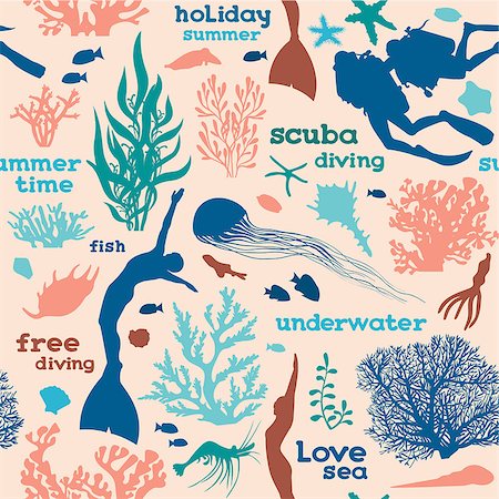 simsearch:400-09029281,k - Vector seamless pattern with silhouette of divers, free divers, corals and fish on a pink background. Underwater sea wallpaper. Stockbilder - Microstock & Abonnement, Bildnummer: 400-09029536