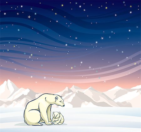 Polar bear with baby on a night starry sky. Nature vector winter landscape. Foto de stock - Super Valor sin royalties y Suscripción, Código: 400-09029538