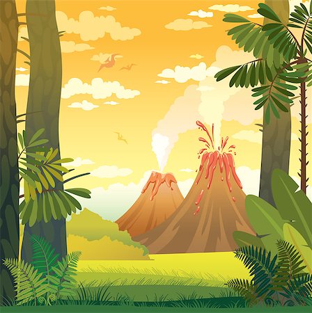 prehistoric cartoon trees - Natural prehistoric vector illustration. Wild landscape with volcano, trees and fern. Stock Photo - Budget Royalty-Free & Subscription, Code: 400-09029569