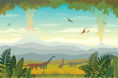 simsearch:400-08161528,k - Nature landscape with silhouette of dinos (diplodocus and pterodactyl), volcanos with lava, blue mountains and green grass with fern. Vector illustration with prehistoric wildlife. Image with extinct animals. Foto de stock - Royalty-Free Super Valor e Assinatura, Número: 400-09029563