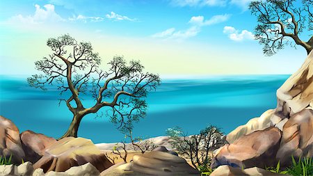 seascape drawing - Rocky Shore Against Blue Sky in a Early Summer Morning. Sea view from the cliff. Digital Painting Background, Illustration in cartoon style character. Stock Photo - Budget Royalty-Free & Subscription, Code: 400-09029588