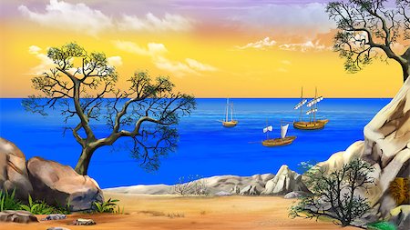 seascape drawing - Idyllic View of the bay with sailboats. Shore of the ocean, coast of desert island. Summer day, yellow  sky. Digital Painting Background, Illustration in cartoon style character. Stock Photo - Budget Royalty-Free & Subscription, Code: 400-09029591
