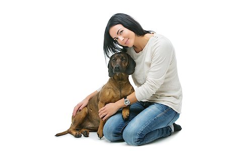 female sit ups black background - Beautiful young woman with Bavarian mountain hound dog isolated on white background. Copy space. Stock Photo - Budget Royalty-Free & Subscription, Code: 400-09029726